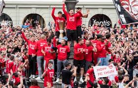FC Thun fans celebrate the Swiss Super League championship title. Photograph: Alessandro Della Valle/EPA