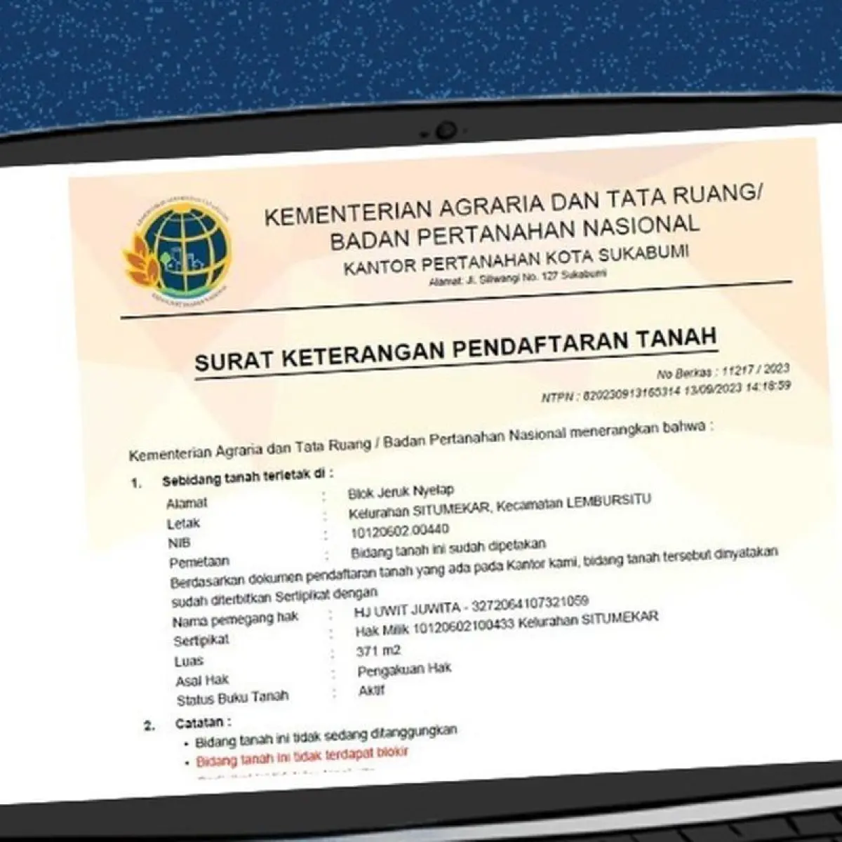 Ilustrasi Surat Keterangan Pendaftaran Tanah (SKPT).(Dok. Kementerian ATR/BPN)