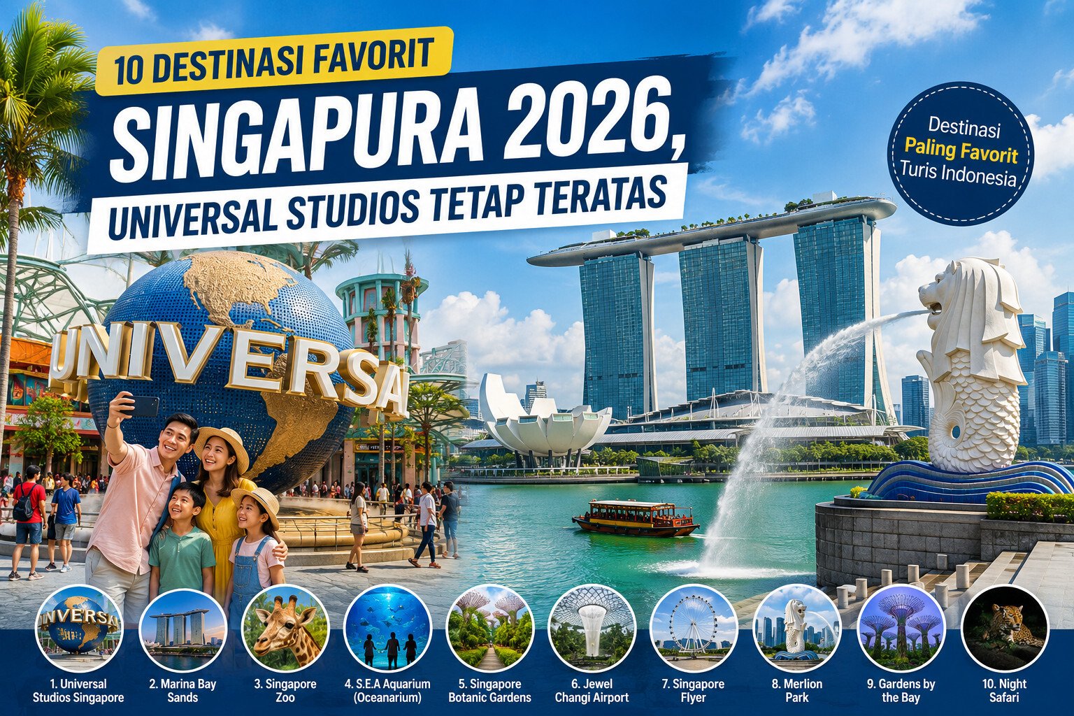 Universal Studios Singapore masih menjadi destinasi wisata paling favorit bagi turis Indonesia dalam daftar 10 destinasi favorit Singapura 2026 versi riset Populix. (Ilustrasi/PropertiTerkini.com)