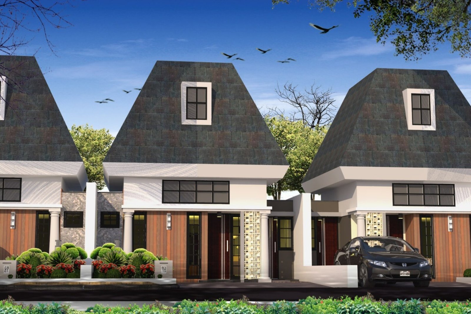 Tampilan rumah tipe Alta (70/120 m2), Cluster Savana Hills di Bukit Cimanggu City, Bogor, yang mengusung desain American Classic dengan konsep hunian modern dan lingkungan hijau. (Foto: Dok. Bukit Cimanggu City)