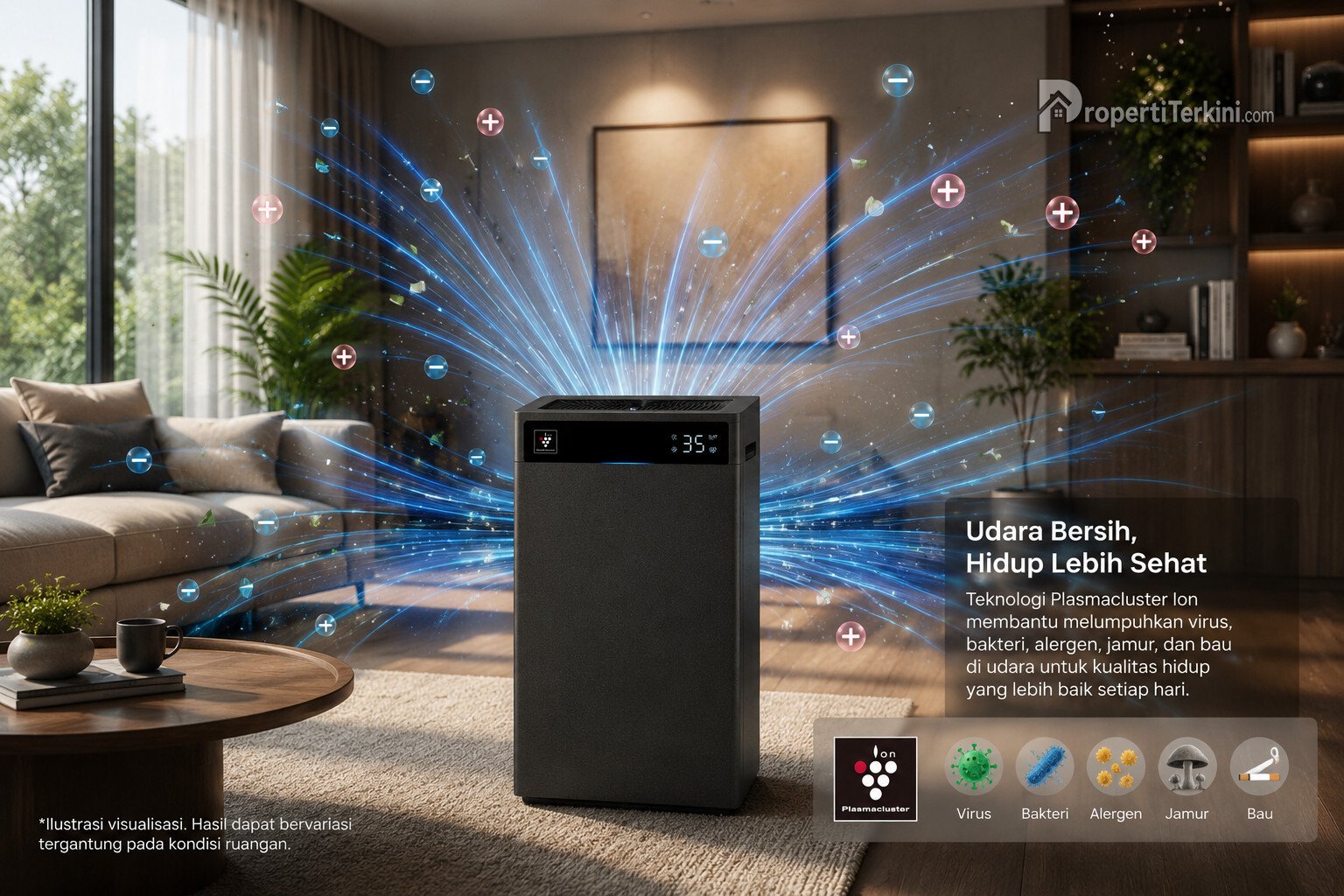 Ilustrasi teknologi Plasmacluster Ion pada air purifier Sharp yang membantu menjaga kualitas udara indoor dan mendukung konsep hunian sehat di era smart home. (Foto: Dok. Sharp Indonesia)