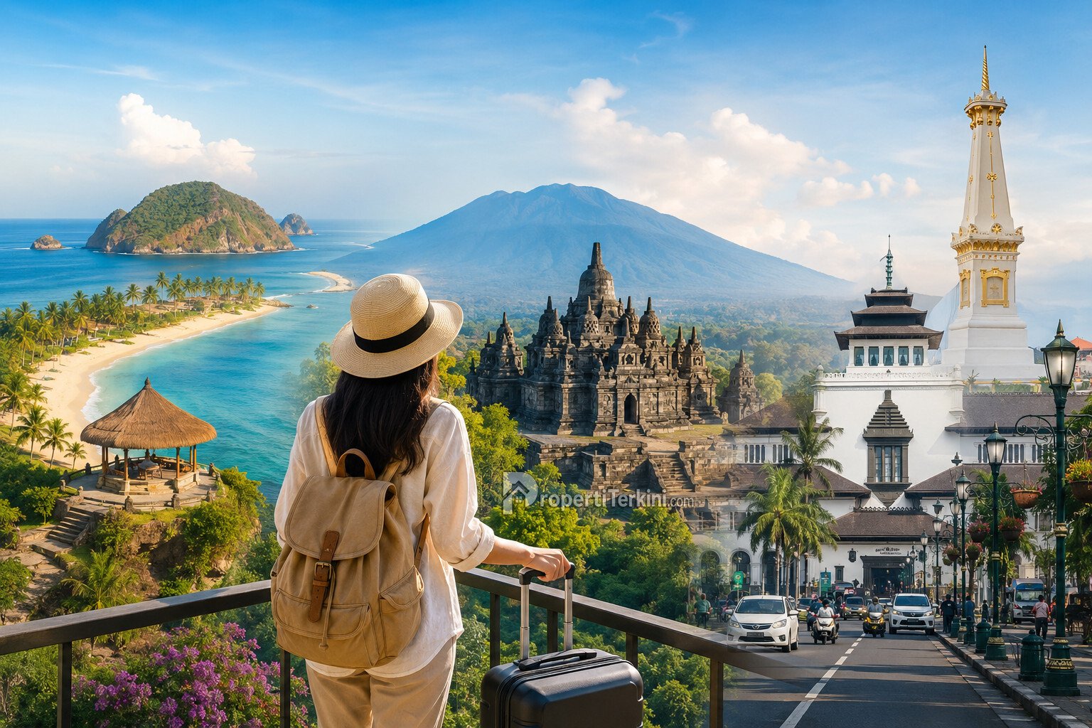 Ilustrasi tren perjalanan wisata domestik yang mendorong pertumbuhan pemesanan hotel domestik di Lombok, Yogyakarta, dan Bandung selama periode liburan. (Dok. PropertiTerkini.com)