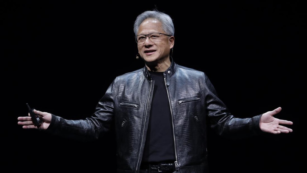 Foto: Presiden dan CEO Nvidia Corporation Jensen Huang menyampaikan pidato saat pameran Computex 2024 di Taipei, Taiwan, Minggu, 2 Juni 2024. (AP/Chiang Ying-ying)