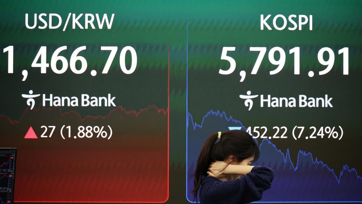 Foto: Seorang pedagang mata uang berjalan melewati papan elektronik yang menampilkan Indeks Harga Saham Gabungan Korea (KOSPI) dan nilai tukar antara dolar AS dan won Korea Selatan di ruang perdagangan sebuah bank di Seoul, Korea Selatan, 3 Maret 2026. (REUTERS/Kim Hong-Ji)