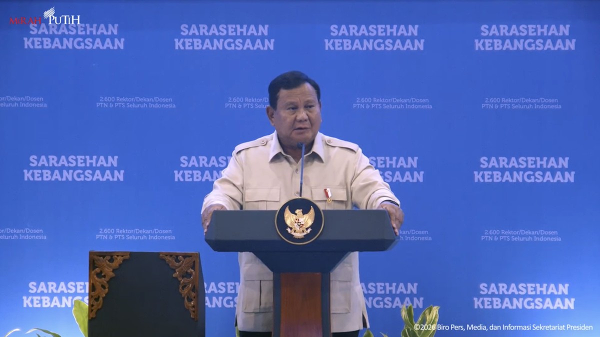 Foto: Presiden Prabowo Subianto saat menyampaikan sambutan dalam pembukaan Sarasehan Kebangsaan KSTI 2026 di Jakarta, Jumat (26/6/2026). (Tangkapan Layar Youtube/Sekretariat Presiden)