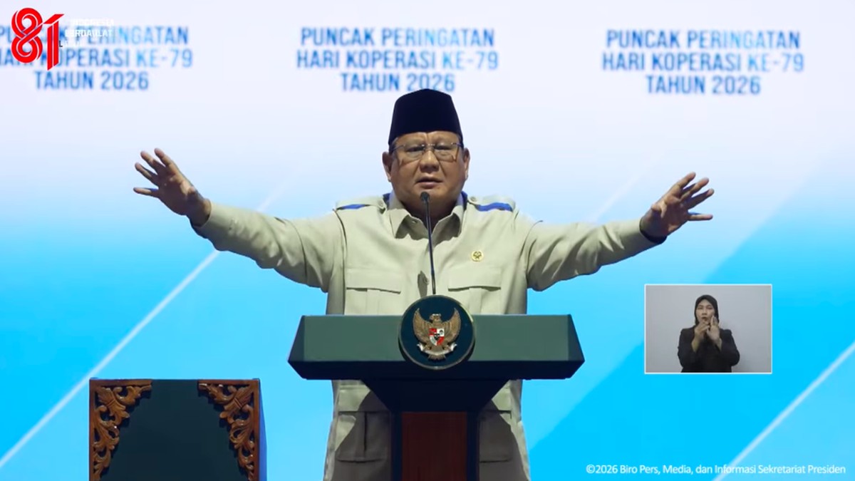 Foto: Presiden Prabowo Subianto saat menyampaikan sambutan dalam Puncak Peringatan Hari Koperasi ke-79 Tahun 2026, Jakarta, Minggu (12/7/2026). (Tangkapan Layar Youtube/Sekretariat Presiden)