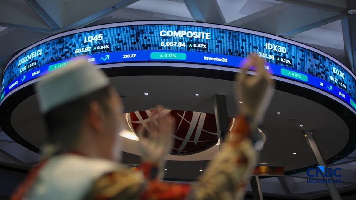 Foto: Ilustrasi berdoa dengan latar belakang Indeks Harga Saham Gabungan (IHSG) di Gedung Bursa Efek Indonesia (BEI), Jakarta. (CNBC Indonesia/Faisal Rahman)