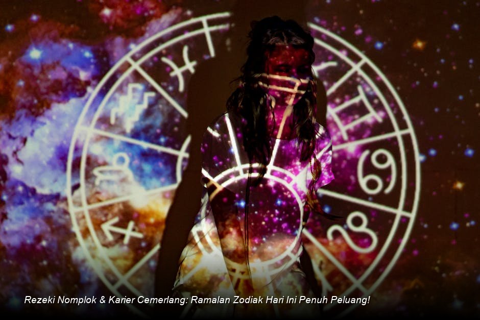 Ilustrasi digital estetik menampilkan konstelasi rasi bintang yang bersinar terang di atas siluet siluet simbol dua belas zodiak.