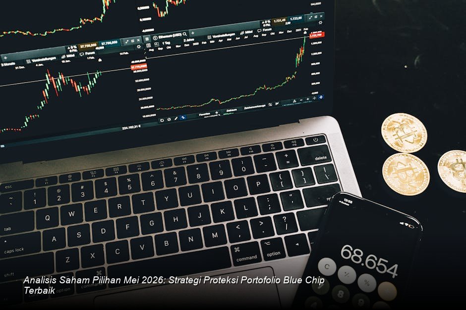 Visualisasi chart saham berwarna hijau cerah dengan garis tren naik yang stabil, melambangkan stabilitas pasar modal di bulan Mei 2026.