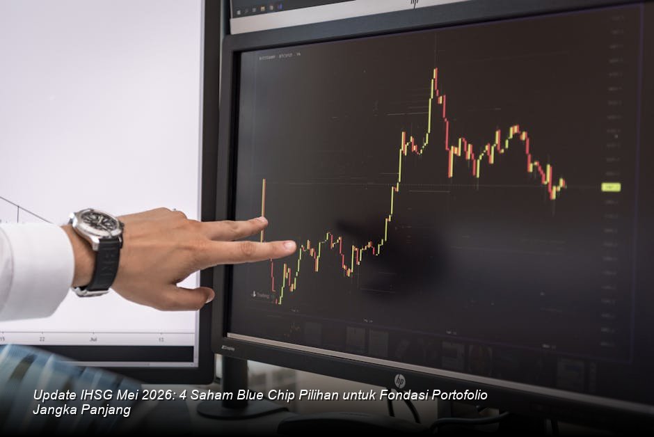 Grafik candle-stick saham berwarna hijau yang menanjak perlahan pada latar belakang ruang trading bursa saham modern yang futuristik.
