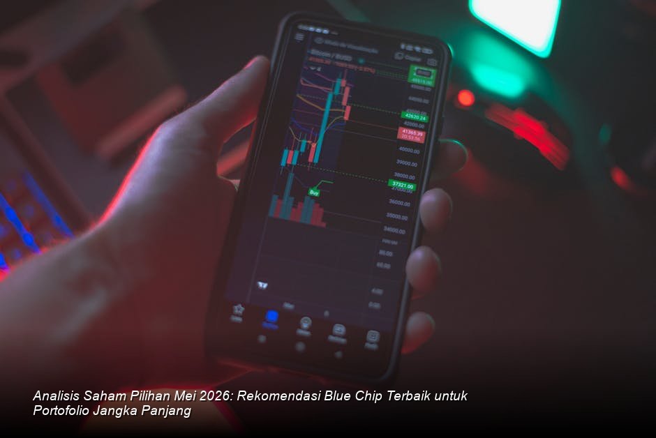 Visualisasi chart saham berwarna hijau yang menunjukkan tren kenaikan stabil dengan latar belakang modern kantor pialang efek.